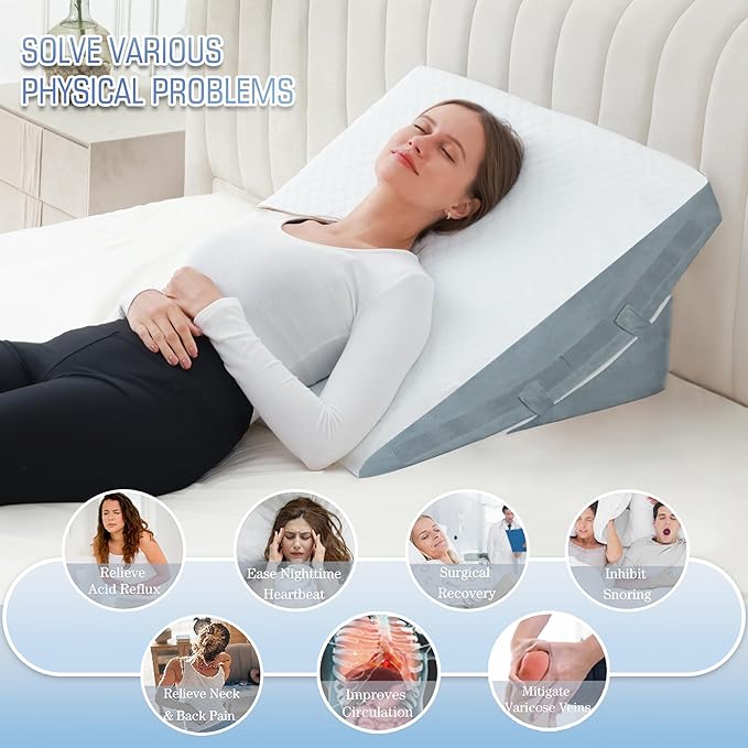 Bed Wedge Pillow for Sleeping, 7.5 Inch Adjustable Memory Foam Triangle Wedge Pillow for After Surgery Legs and Back Support Pillow Relieve Acid Reflux, Gerd, Snoring