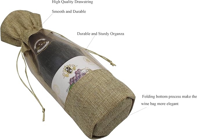 Burlap Drawstring Wine Bags, 12 Pcs Burlap Wine Bags with Sheer Window, Jute Wine Bags with Clear Window for Wedding, Party Favors, Christmas, and Holiday - Natural