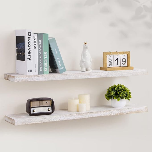 Axeman Floating Shelves for Wall, 8 Inch Deep Rustic Solid Elm Wood Wall Shelves for Storage, Wall Mounted Display Shelving with Invisible Heavy-Duty Metal Bracket, 36'' Width Set of 2, White Wash