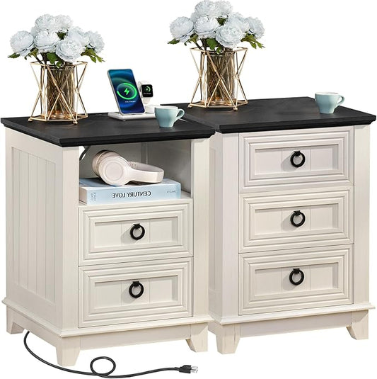 18" Farmhouse Night Stands Set of 2 with Charging Station, 2 & 3 Drawers End Table Dresser for Bedroom, White Wooden Nightstand, Bed Side Table with Open Shelf, Bedside Cabinet for Living Room