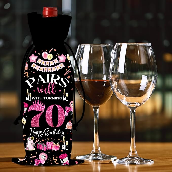 70th Birthday Gifts for Women Men Wine Bag, 70 Year Old Birthday Gifts for Woman Man, 70th Birthday Party Decorations Men for Women, Pairs Well with Turning 70 Wine Bags (Black Pink)