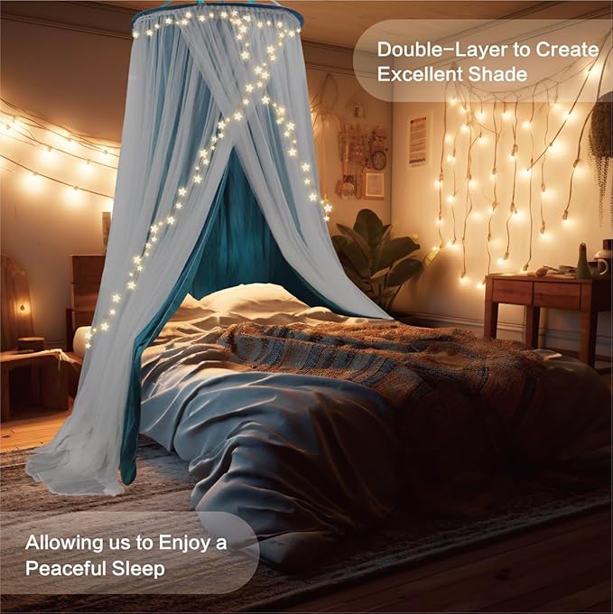 40"x 106" Bed Canopy for Girls & Adults, Double Layer Princess Round Dome Bed Curtain Canopy Drapes, Dreamy Mosquito Net Reading Nook, Bedroom Decoration (Dark Teal)