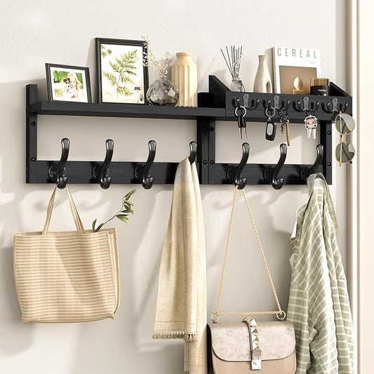 29" Coat Rack Wall Mount with Shelf, 4 in 1 Wall Mounted Coat and Key Hanger with 11 Hooks, Entryway Key Holder with Mail Holder for Living Room, Bedroom, Black