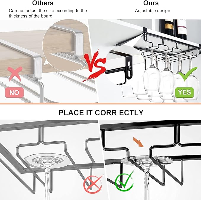 AUHOKY 2Pcs Adjustable Under Cabinet Stemware Metal Glass Holder, Hanging Wine Glass Storage Hanger Organizer for Shelf Kitchen Bar Decor(4 Rows, Black)