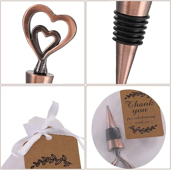 12PCS Valentine's Day Wedding Favors for Guests,Happy Birthday Graduation Gifts Double Heart Wine Bottle Stoppers Bridal Shower Anniversary Party Decor (12,Bronze Heart)