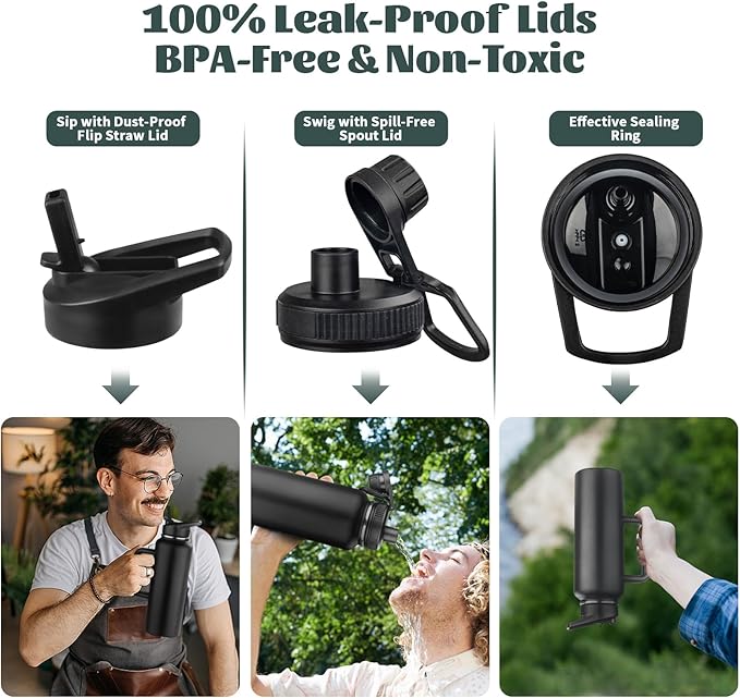 40oz Insulated Water Bottle with Handle, Stainless Steel Sports Metal Water Flask with Straw & 2 Leak Proof Lids, Double Walled Vacuum Wide Mouth Water Bottle for Travel, Camping, Gym Sports (Black)