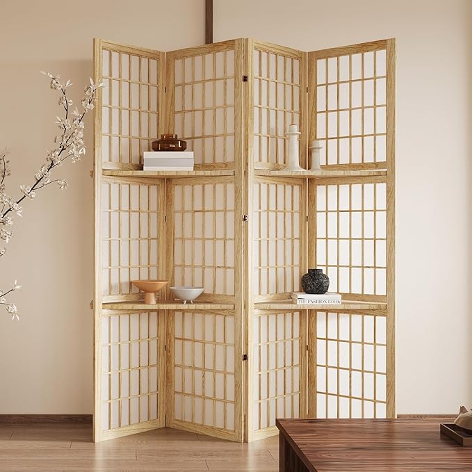 5.6FT Room Divider and Folding Portable Partition Screen, Chinese Japanese Shoji Style with Three Display Shelves for Room Separation - 4 Panel (Natural)