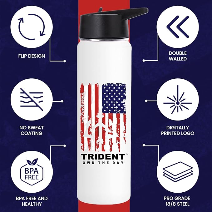 American Flag Water Bottle, 21 oz Insulated Water Bottle, Reusable Water Bottle with Straw, Leak Proof Water Bottles, Thermos Water Bottle - Retired Navy Combat Vet Small Business (White, 21 Oz)