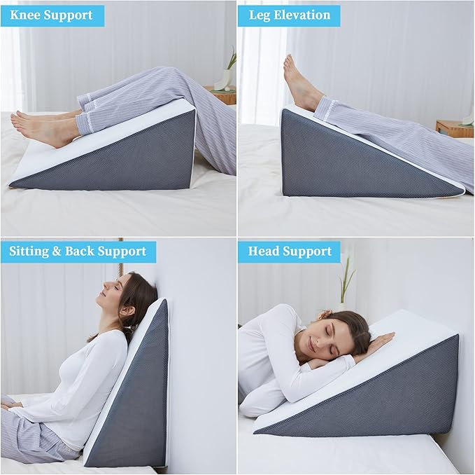 Bed Wedge Pillow for Sleeping, 10" 24" 24" Triangle Pillow Wedge, Cooling Memory Foam Top, Elevated Support Wedge Pillow - Removable Washable Cover