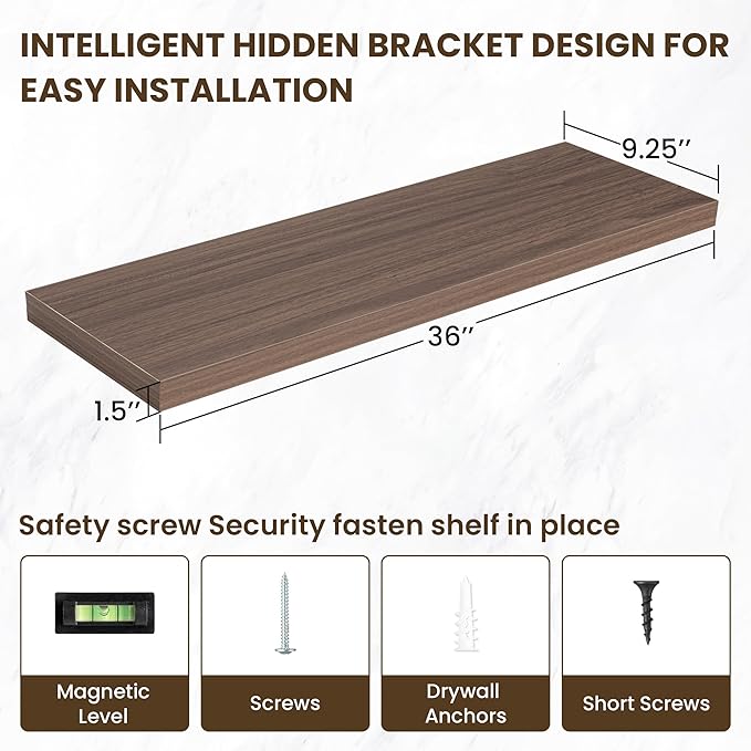 36 Inch Floating Shelves, 36"x9.25"x1.5" Inch Deep Floating Shelves for Wall, Wooden Shelves for Bathroom, Bedroom, Living Room, Walnut