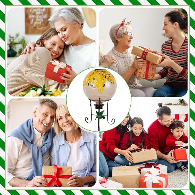 10" Diameter Solar Gazing Ball and 8.5" Metal Stand Indoor Outdoor Yard Art Ornament Coloful Spot Glass Globe Sphere Solar Gazing Balls for Garden,Lawn,Porch,Patio Birthday Gifts for Women,Mom