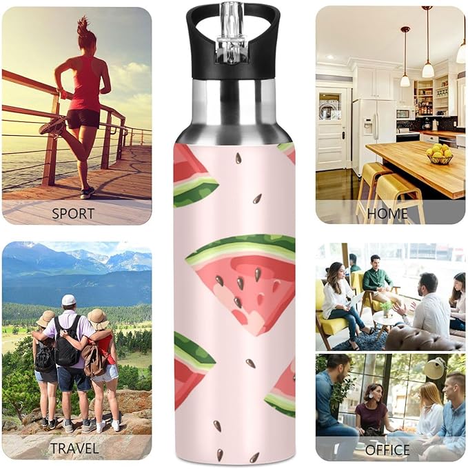 ALAZA Red Watermelons Water Bottle With Straw Lids Boys Girls,Vacuum Insulated Leakproof Stainless-Steel Sports Bottle Thermal Flask For Gym Yoga Camping,20Oz (600Ml)