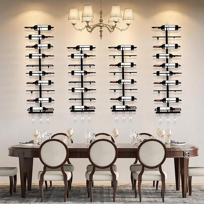 20 Bottle Wall Mount Wine Rack with Wine Glass Holder, Metal Wine Wall Rack, Wall Racks for Wine Bottles Display and Storage, Hanging Bottle Organizer for Living Dining Room Wine Cellar Bar (Black)