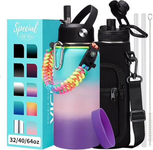 32 40/64/128 oz Flask Water Bottles Insulated - with Straw Auto Spout Lid, Water Bottle Stainless Steel Keep Cold 48H Hot 24H, Metal Water Bottle with Strap, Paracord Handle, Protective Boot