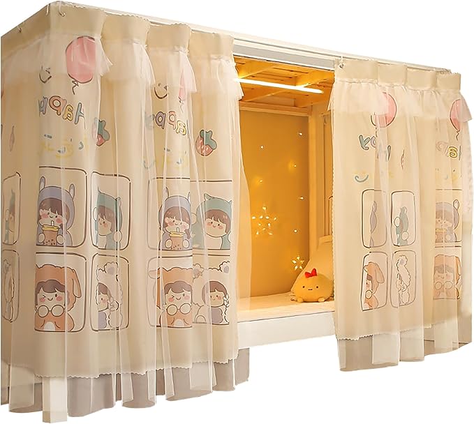 Beautiful Gauze Bunk Bed Curtains Drapes with Lace Privacy Bed Canopy for Bottom, 2 Panels, Happy