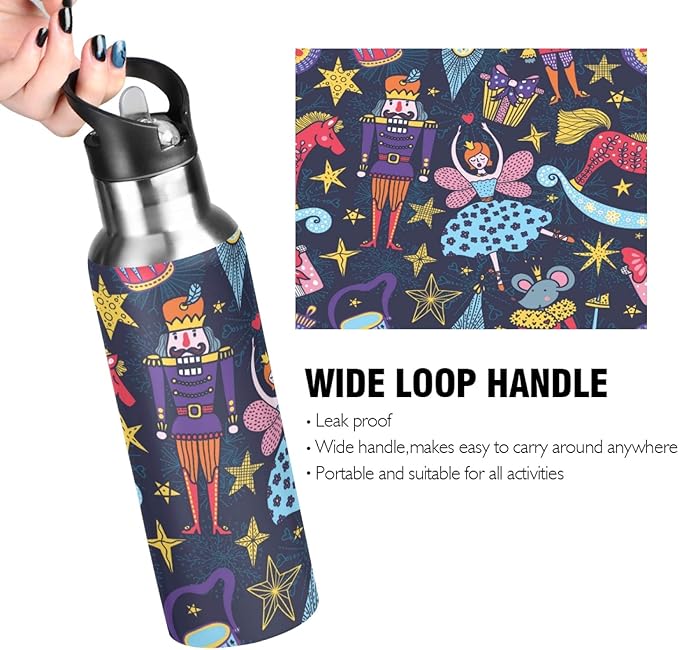 Blueangle Christmas Nutcracker Stainless Steel Water Bottle with Straw, BPA Free Reusable Leakproof Water Jug for Fitness Camping Outdoor Sport