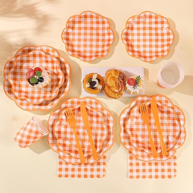 350 Pcs Orange and White Gingham Party Supplies - Orange Gingham Paper Plates and Napkins Sets Serve 50 - Scalloped Checkered Plates for Birthday Picnic Fall Halloween Thanksgivng Party Decorations