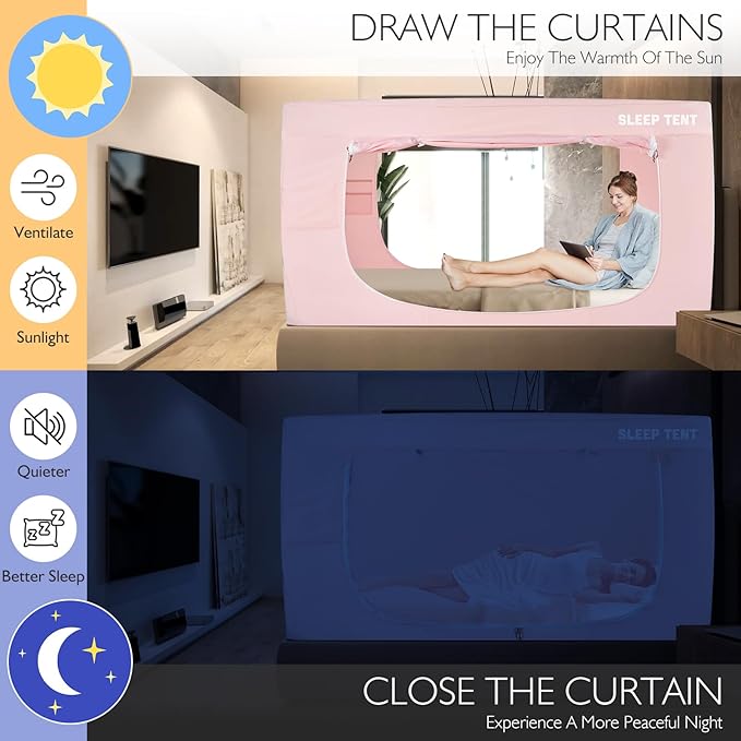 BORNA Bed Tent Full Bed Canopy for Indoor Portable Light Reducing Sleeping Canopy for Kids and Adult,Bunk Blackout Tents Breathable Privacy Space Tent Mosquito Netting for Bed(Macaron Pink)