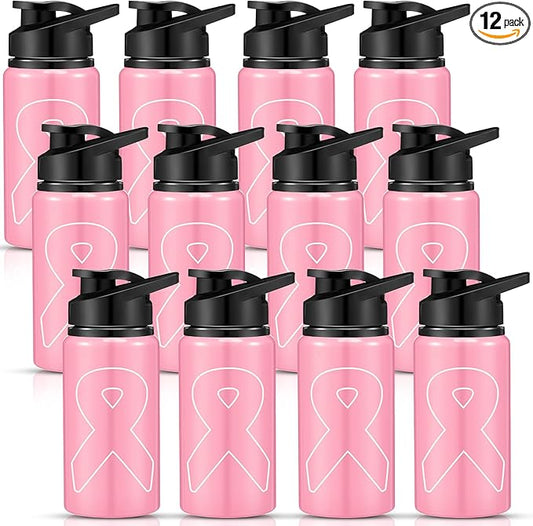 12 Pieces Breast Cancer Awareness Gifts Aluminum Water Bottles Pink Ribbon Breast Cancer Gift for Women Leak Proof Lightweight Portable Bottles for Marathon Running (Stylish Style,17 oz)