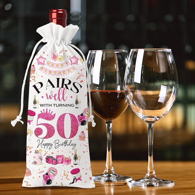50th Birthday Gifts for Her Him Wine Bag, 50 Year Old Birthday Gifts for Women, 50 Year Old Birthday Party Decorations for Women, Pairs Well with Turning 50 Wine Bag (White Pink)