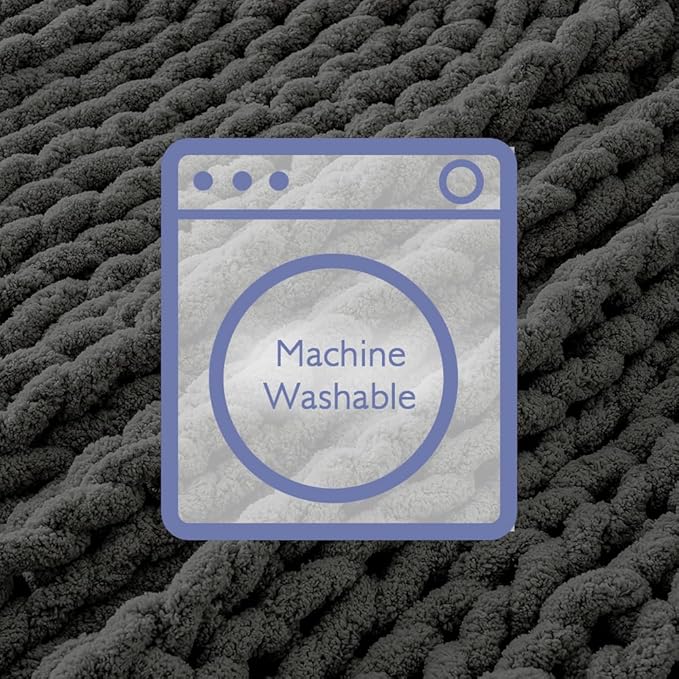 Bigacogo Chunky Knit Throw Blanket for Couch, 40x80 inches, 100% Hand Knitted with Thick Jumbo Chenille Yarn, Cozy Soft Large Rope Knot Cable Crochet Blankets for Sofa Bed Living Room, Dark Grey