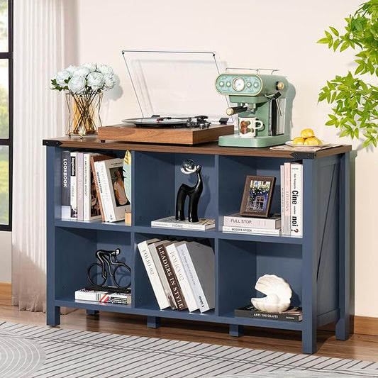 6 Cube Bookcase, Farmhouse Wood Low Storage Organizer Book Shelf, 47" Horizontal Navy Blue Console Bookshelf with Legs, Hallway Book Case for Entryway, Display Cabinet for Living Room, Office