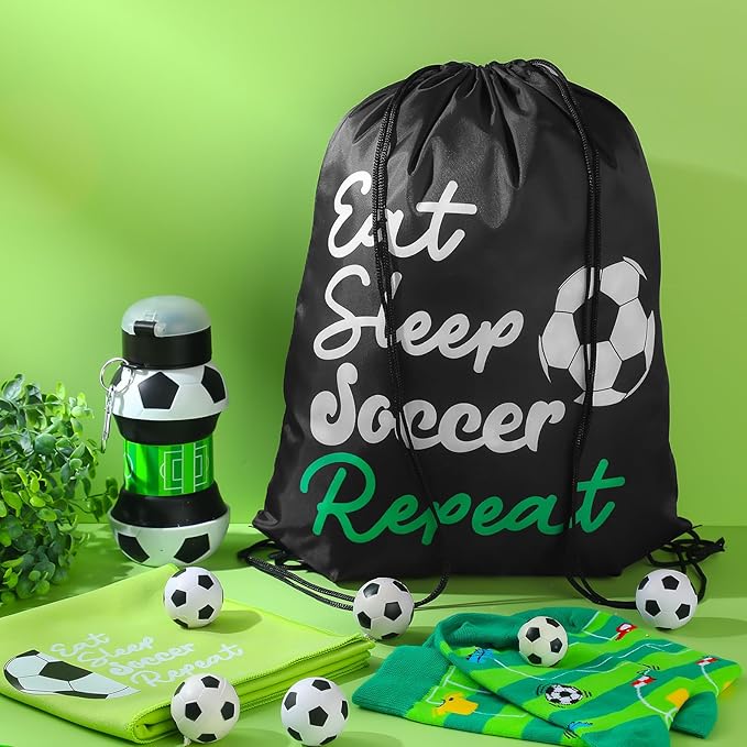 4 Pcs Soccer Gift Set Soccer Drawstring Bag Soccer Stuff, Silicone Water Bottle, Quick Dry Towel, Socks for Training Sports Accessories