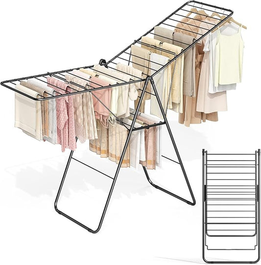 APEXCHASER Clothes Drying Rack, Oversized Drying Rack Clothing with Height-Adjustable, Foldable Gullwings Metal Laundry Rack, Indoor Outdoor Use, No Assembly, Black