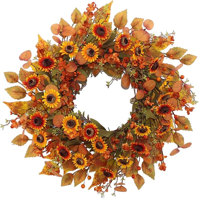 22 inch Artificial Fall Wreaths for Front Door,Autumn Wreath with Eucalyptus Leaves and Chrysanthemum Suitable for Indoor Outdoor Harvest Festival Thanksgiving Day Farmhouse Holiday Decor.