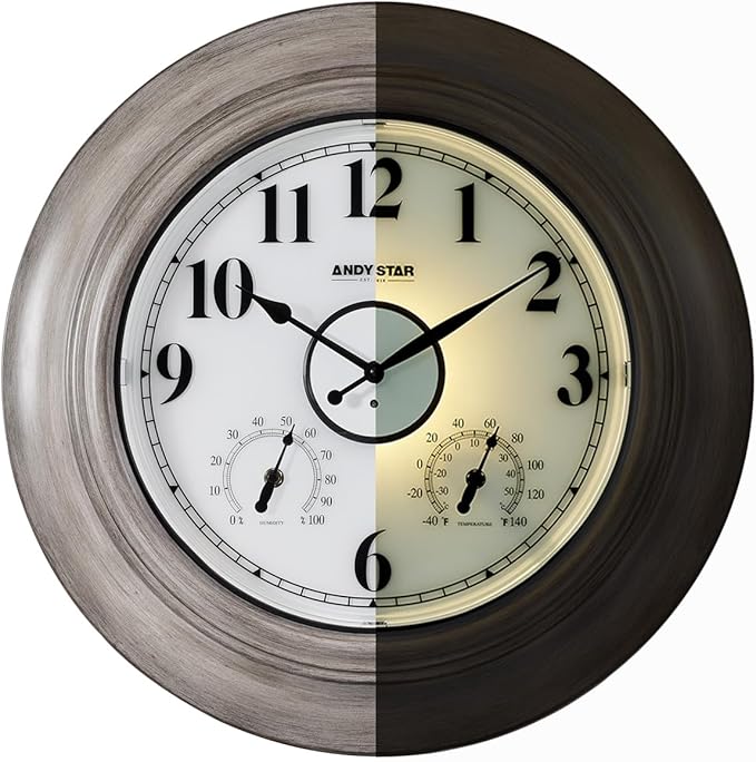 Andy Star 21 Inch Large Luminous Outdoor Wall Clock and Temperature for Patio, Pool, Oversized Round Wall Clocks Waterproof, Vintage Brushed Gray Oak Wooden Finish Silent Non Ticking