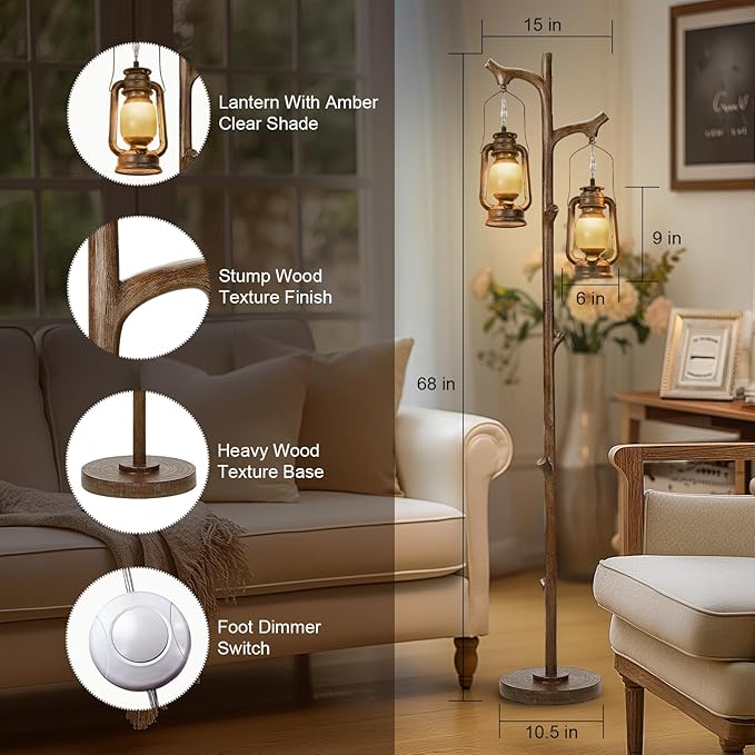 68" Rustic Farmhouse Tree Trunk Floor Lamp Country Brown Finish Wood Vintage Standing Tall Lamp with Lantern Stepless Dimmable Industrial Floor Lamp Decor for Bedroom Living Room Office Hotel