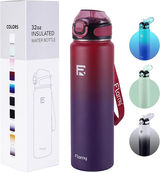 32 oz Insulated Water Bottle with Straw, Stainless Steel Metal Thermos Bottles, Durable Non-Slip Gradient Bottle with Strap for Sports and Travel, Leak Proof (Red Blue)