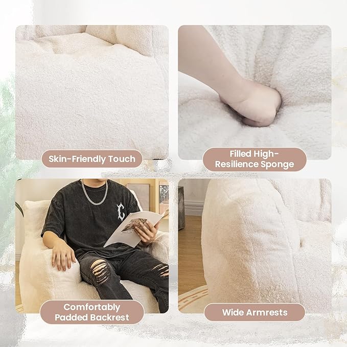 Bean Bag Chair with Filler, Bean Bag Sofa with Tufted Soft Stuffed Filling, Fluffy and Lazy Sofa, Comfy Cozy BeanBag Chairs with Memory Foam for Dorm, Apartment, Living Room (White)