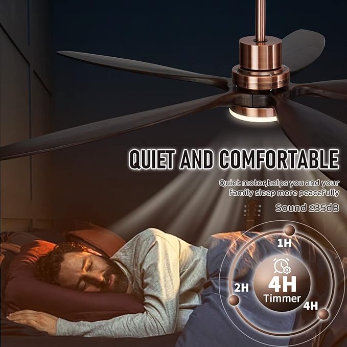 52" Ceiling Fan with Light and Remote,Reversible DC Motor,6Speed,Modern Natural Wood Ceiling Fan with Dimmable LED for Outdoor Patios Bedroom Living Room,Black Walnut and Red Brass