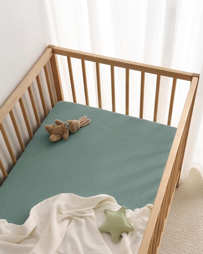 Blissful Diary Muslin Crib Sheets for Girl Boy, Boho Neutral Soft Cotton Baby Sheet for 52''x28'' Standard Crib Mattress, 2 Pack(Roman Green&Leaf)
