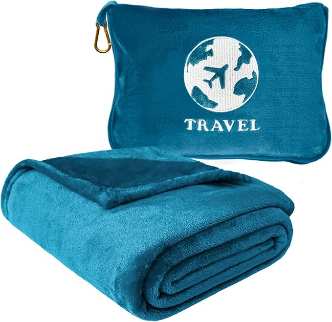 Bnuitland Travel Blanket and Pillow 2 in 1, Soft Flannel Airplane Blanket in Bag Compact-Long Flight Essential for Adults and Kids, Portable Luggage Sleeve and Backpack Clip, 65×40 inch Teal Blue