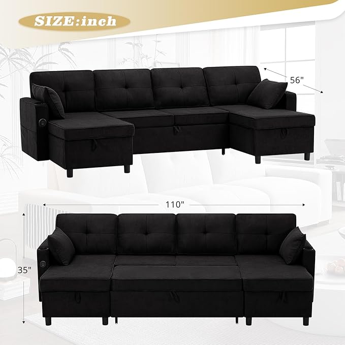 110 Inches Chenille Sectional Sofa w/Pull Out Sofa Bed & Adjustable Back, Tufted U Shaped Couch w/Two Storage Chaises, Sleeper Sectional Sofa w/USB Port & Cup Holders for Living Room, Black