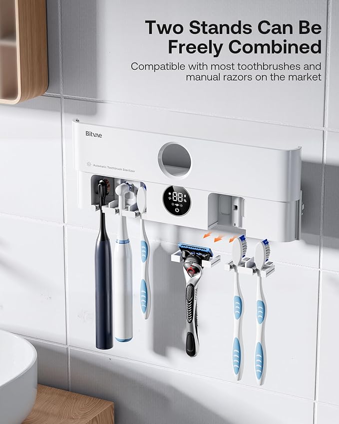 Bitvae Toothbrush Holder, Cleaning and Fast Drying, 5 Toothbrush Slots or Shaver Slot Accessories for Family, LED Smart Screen, Wall Mounted Holders for Bathrooms