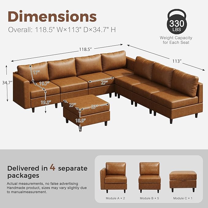 118.5" Faux Leather Modular Sectional Convertible Sofa, L Shaped Couch Set for Living Room, Large 8-Seater Comfy Cloud Couches with Movable Storage Ottoman DIY Combination - Brown