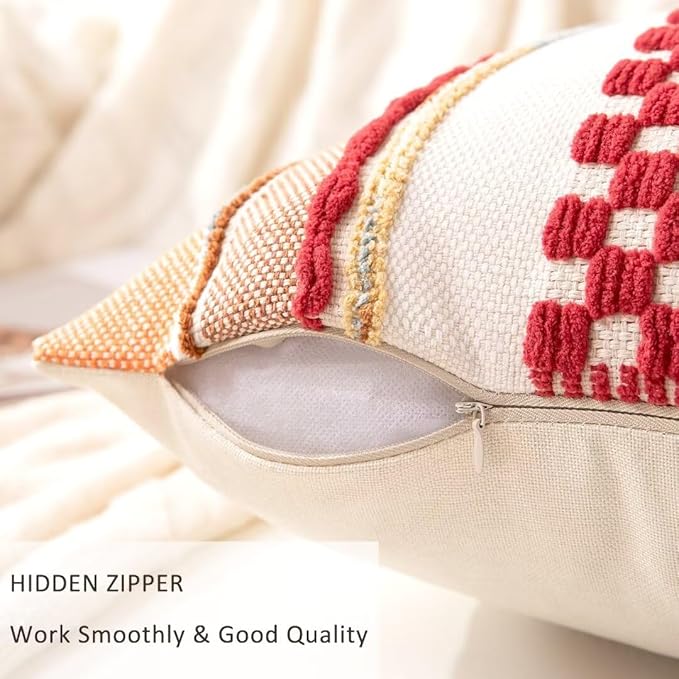 Boho Throw Pillow Covers 18x18 Set of 2 Christmas Decorative Cushion Case Striped Square Pillows Cover Chenille Pillow Cases Accent Neutral Pillowcase for Sofa Couch Bed,Red