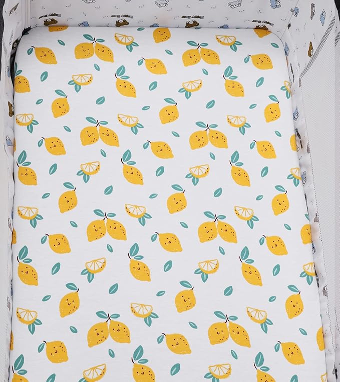 Bassinet Sheets Compatible with Graco Pack ‘n-Play Dome LX Bassinet (not Playard), 2 Pack, 100% Jersey Knit Cotton 190GSM, Ultra Soft Breathable, Lemon and Strawberry