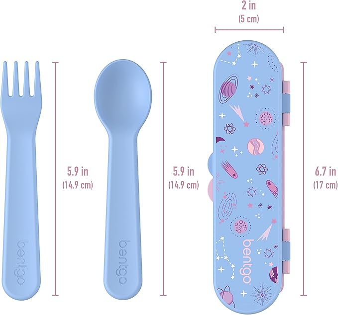 Bentgo® Kids Utensil Set - Reusable Plastic Fork, Spoon & Storage Case - BPA-Free Materials, Easy-Grip Handles, Dishwasher Safe - Ideal for School Lunch, Travel, & Outdoors (Lavender Galaxy)