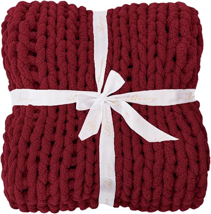 Bigacogo Chunky Knit Throw Blanket for Couch, 40x40 inches, 100% Hand Knitted with Thick Jumbo Chenille Yarn, Cozy Soft Large Rope Knot Cable Crochet Blankets for Sofa Bed Living Room, Red