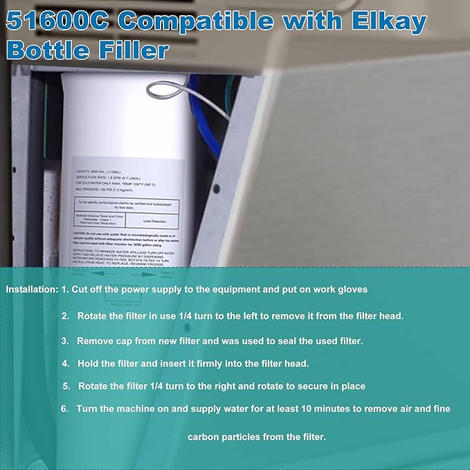 51600C Filter, Replace for Elkay 51600C Replacement Filter By NSF/ANSI 42 Certified, Water Filter 51600C Compatible with Ezh2o Filter Replacement Bottle Filling Station, Filter 51600C No Chip 6000 Gal