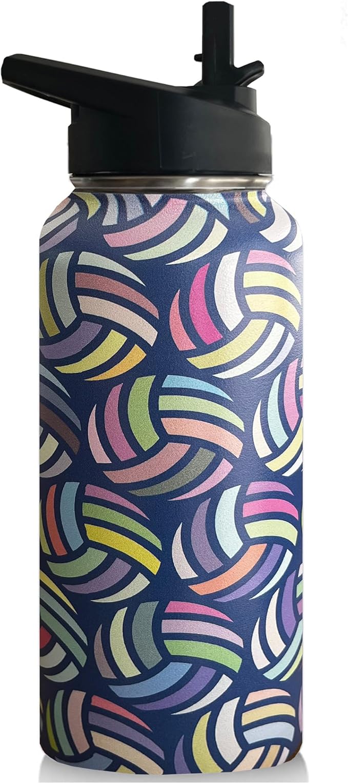 32 oz Volleyball Water Bottle Insulated Vacuum Stainless Steel Sports Water Bottle with 2 Lids (Straw and Spout Lid) for Gym Camping Hiking