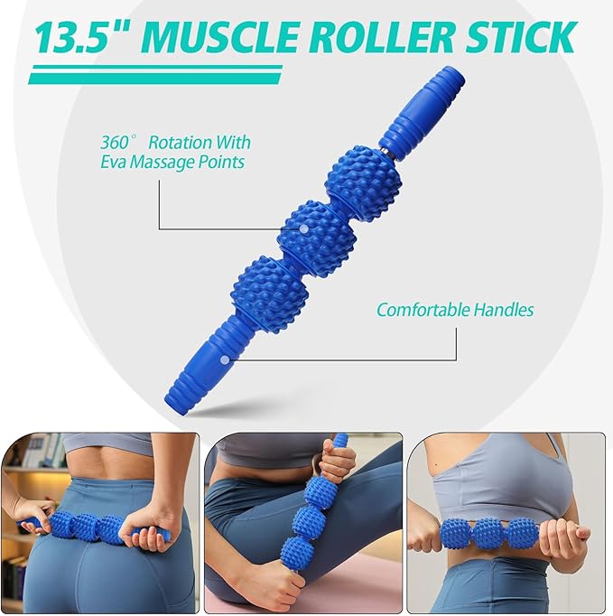 5-in-1 Foam Roller Set, Massage Roller Stick, Massage Ball, Resistance Band for Deep Muscle Massage, Trigger Point Release, Pilates, Yoga (Blue-Wave)
