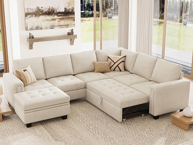 Belffin Modular Sectional Sleeper Sofa with Pull Out Bed U Shaped Sectional Sofa Couch with Storage Ottoman Velvet Covertible 7-Seater Sofa for Living Room Beige