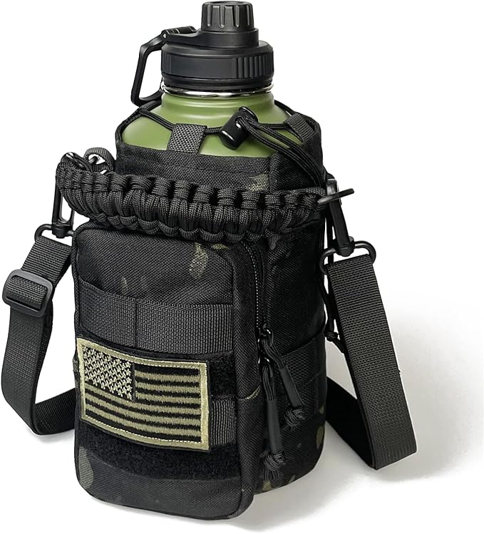 64 Oz Water Bottle with Sleeve - Military Green Half Gallon Insulated Water Jug with Handle - Stainless Steel Sports Bottle for Gym Workout Hiking Camo Black Pouch