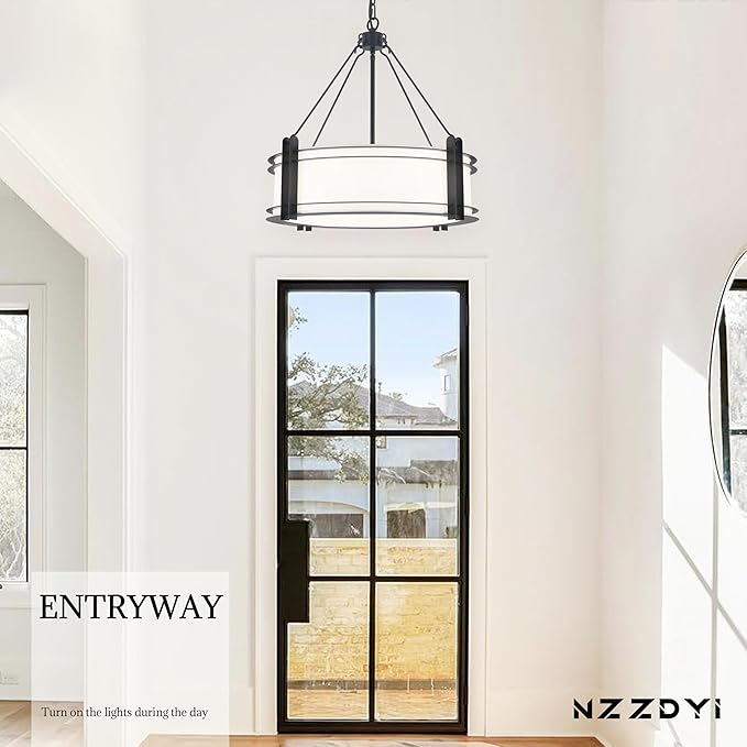 20.4''Drum Chandelier,5-Light Fabric Modern Chandeliers,Black Farmhouse Round Pendant Light Fixture for Dining Room Kitchen Island Living Room Bedroom Hallway