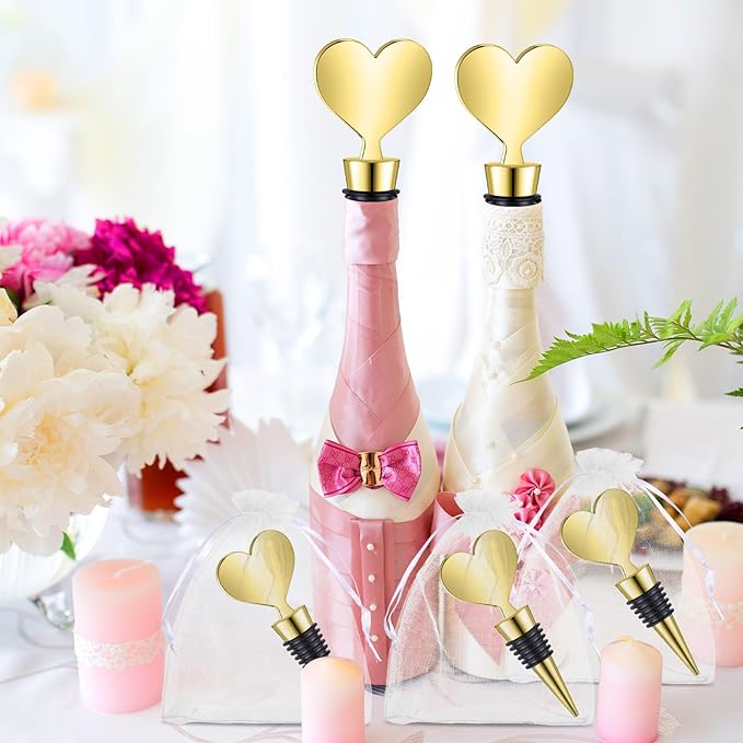 Blank Heart Shape Wine Stopper Stainless Steel Beer Stopper Blank Board Stopper with White Sheer Organza Bags Wedding Favor for Guests Wine Party Gifts Bridal Shower(Gold,36 Sets)